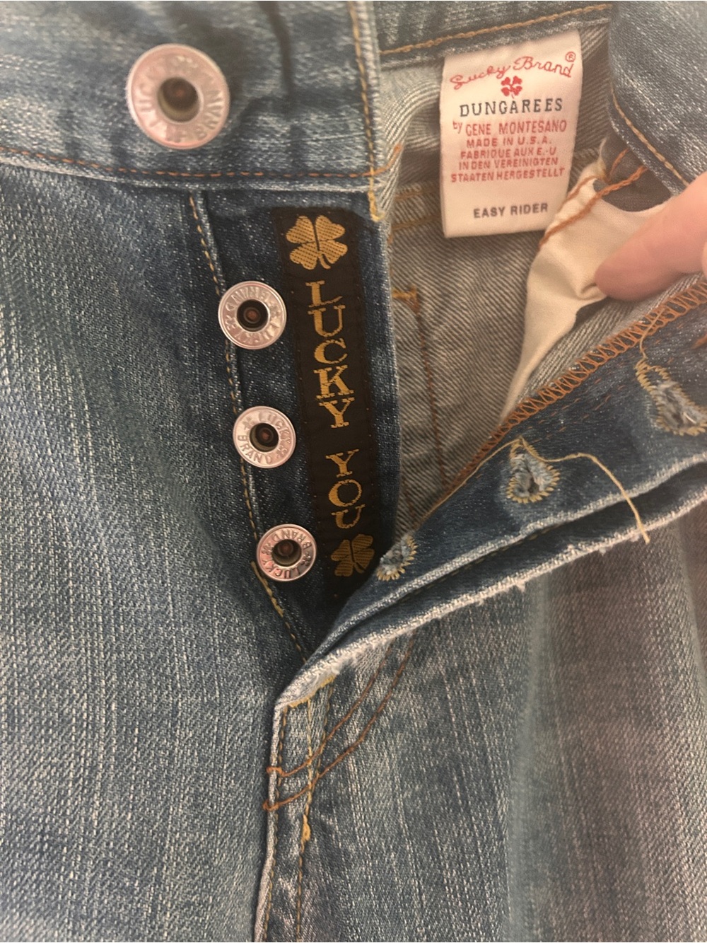 Lucky Brand Light Blue Denim Overalls with Gold Foil Trim